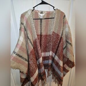 Plaid Open Front Sweater - Pink, Cream, and Brown